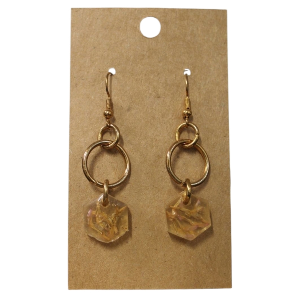 Gold Hexagon Drop Earrings With Real Clover Flower -Hypoallergenic